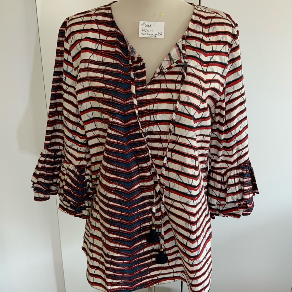 Figure - 3/4 ruffled sleeve, Red, navy, white striped Tunic top with tassel tie